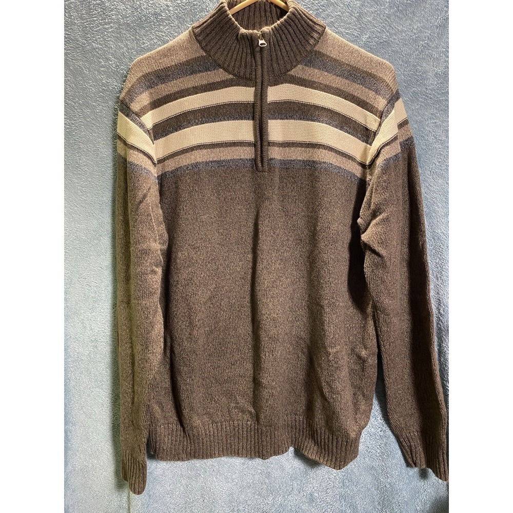 Dockers Men's Large Brown Tan Striped 1/4 Zip Pullover Sweater Long Sleeve